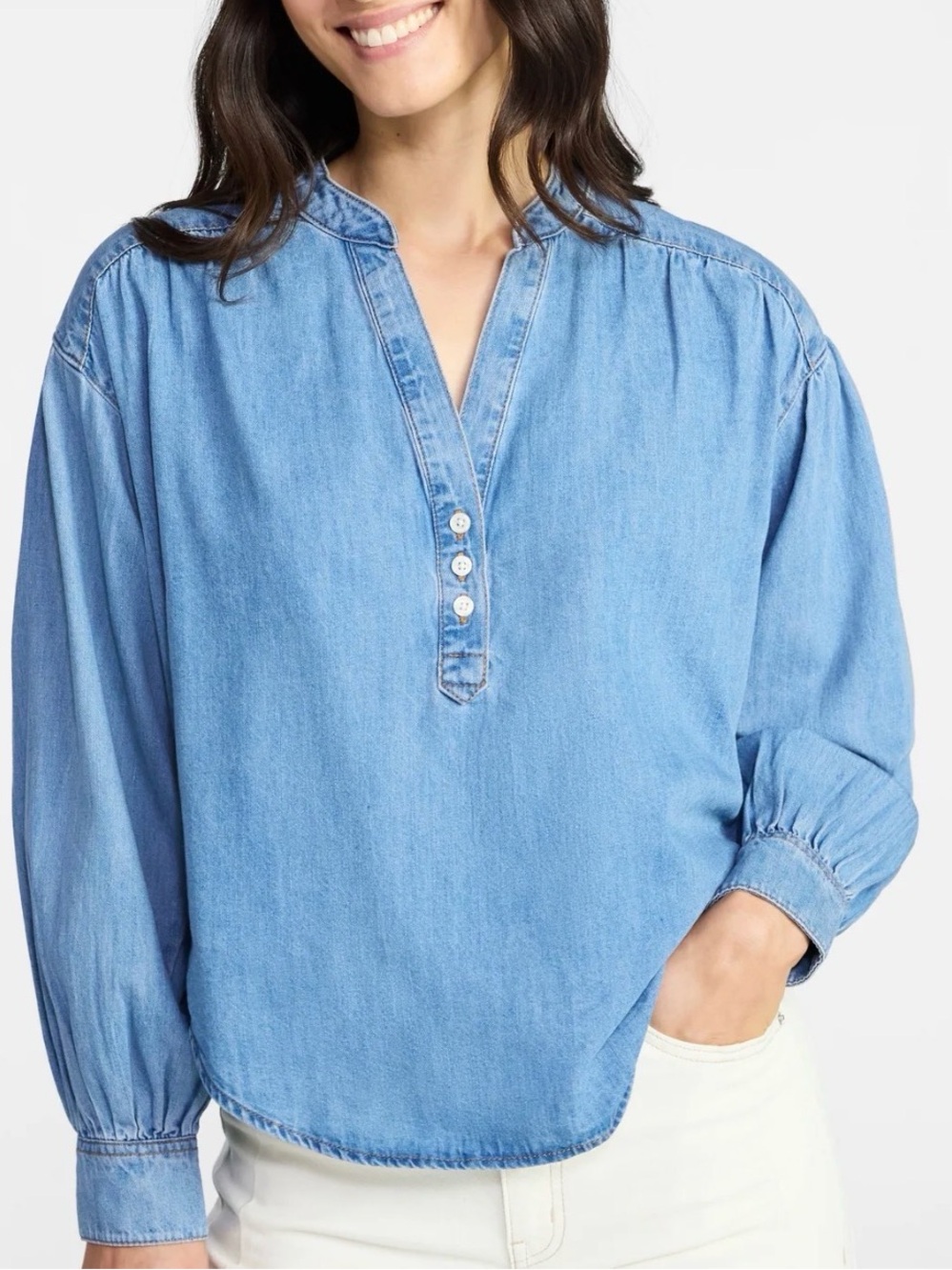 Time and Tru Light Blue Denim Button Henley Blouse
